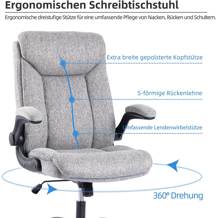 Ергономічне офісне крісло, комп&39ютерне крісло, стілець для роботи, обертове робоче крісло з відкидними підлокітниками, регульоване по висоті, зручне для офісу, дому, ігор (сіра тканина)