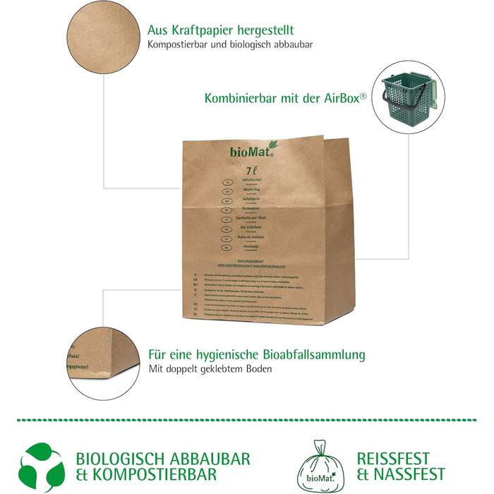 Компостовані паперові пакети для сміття bioMat об&39ємом 7 л, 160 крафт-паперових пакетів, міцні на вологу воду, подвійне дно, зроблено в Німеччині, ука (160 упаковок)