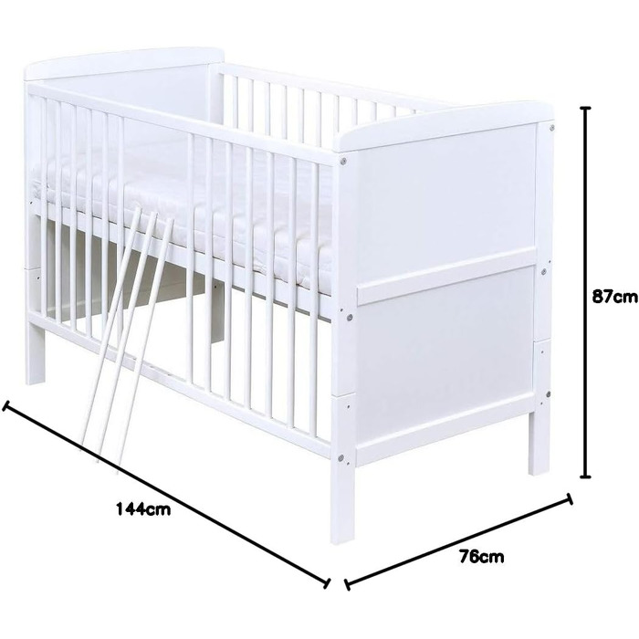 Дитяче ліжечко 70x140 см біле дитяче ліжко, що трансформується в дитяче ліжко &quotНаталі&quot, масив сосни, з прорізувачами