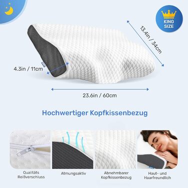 Подушка для шиї Derila, оригінальна подушка з піни з ефектом пам&39яті. Подушка для підтримки шиї, подушка для сну на боці, спині та животі (King, 1 упаковка) Розмір подушки Kingsize 60 x 35 x 11 см