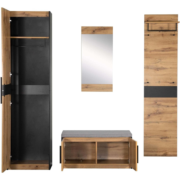 Шафа для одягу 4 предмети з дзеркалом і лавкою, Шафа для одягу, Меблі для гардеробу, Шафа для одягу, Стильна компактна шафа з 4 га