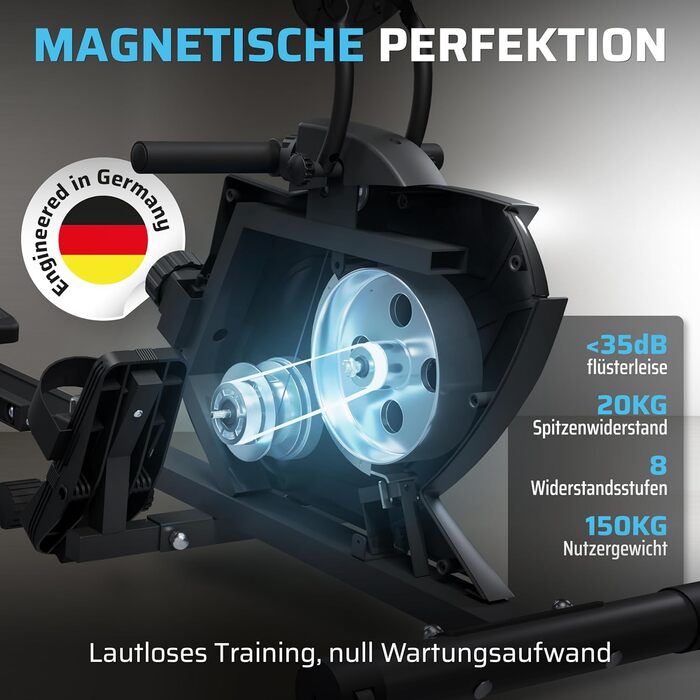 Складаний гребний тренажер SportPlus для домашнього використання - Розроблено в Німеччині - Для початківців та досвідчених користувачів - Гребний тренажер з магнітним опором, надзвичайно тихий, складний та компактний, до 150 кг, чорний/сірий - Сумісний із