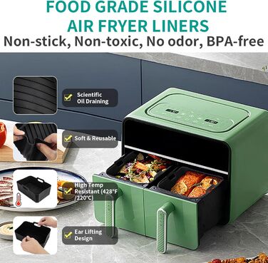 Аксесуари для фритюрниці, силіконові вкладиші для фритюрниці Ninja AF400EU AF300EU AF451EU AF500EU Tower T17088 7.6L-9.5L, 10 шт. Аксесуари для подвійної аерофритюрниці включають буклет посібника з кулінарії, чорний