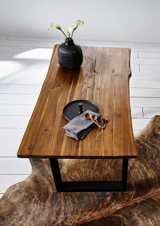 Обідній стіл SAM Esra, 120 x 80 см, масив акації, коньячного кольору, стіл з натуральним краєм та чорним металевим каркасом, обідній стіл зі стільницею з натуральним краєм 26 мм, справжній натуральний край, 120 x 80 см, коньячний/чорний