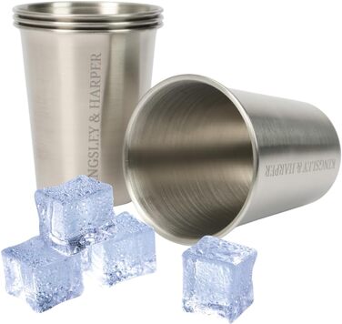 Стаканчики Kingsley & Harper з нержавіючої сталі, 335 мл (набір з 4 шт.) високоякісні, безпечні для харчових продуктів, стійкі до іржі, ударостійкі, багаторазові, екологічно чисті металеві стаканчики марки 304 для дітей, дорослих, кемпінгу, подорожей та.