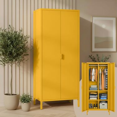 Металева шафа Skølm Ituri, гірчично-жовта Шафа з 6 полицями та 2 рейками для одягу Шафа для передпокою шириною 80 см Шафа для спальні в індустріальному стилі Сталева шафа для вітальні та офісу, гірчично-жовта без шухляд