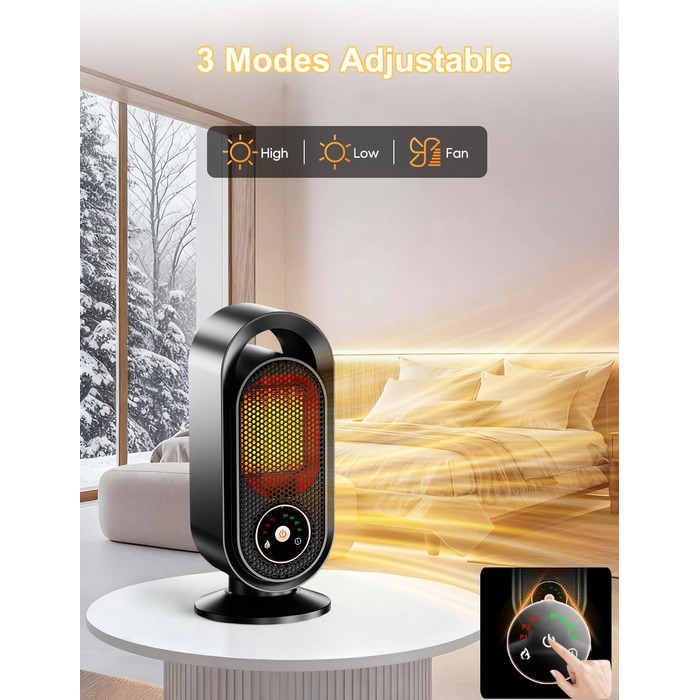 Електричний вентилятор-обігрівач, портативний кімнатний обігрівач, енергозберігаючий швидкий PTC-обігрівач потужністю 1500 Вт, керамічний вентилятор-обігрівач з термостатом, таймером та 3 режимами, захист від перегріву та перекидання для офісу та спальні