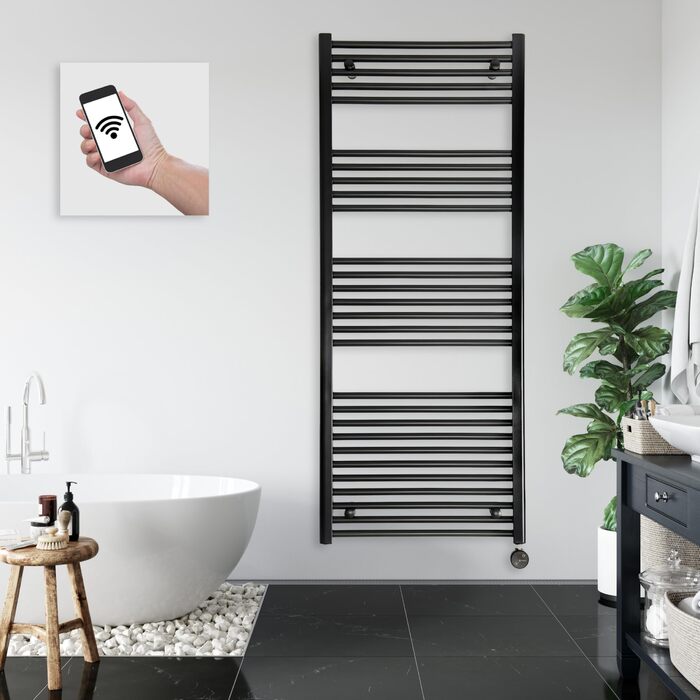 Електричний радіатор для ванної кімнати anapont з WiFi та Bluetooth 1475x600 - чорний прямий - рушникосушка - електричний обігрівач для ванної кімнати - рушникосушка - Зроблено в Німеччині Чорний 1475в x 600вт