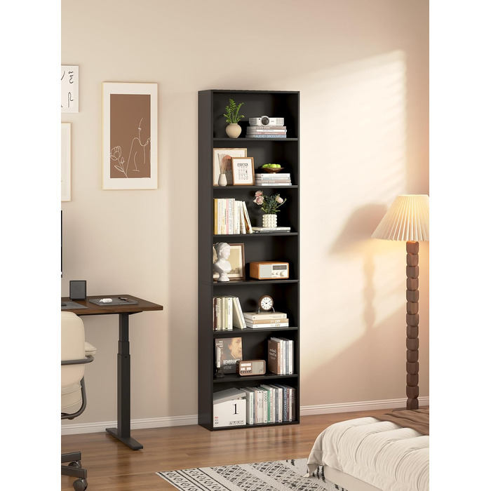 Рівнева окремостояча полиця Garvis 60 см завширшки, 210 см заввишки Відкрита книжкова шафа, білий чорний дуб Офічна полиця для вітальні (чорна), 7-