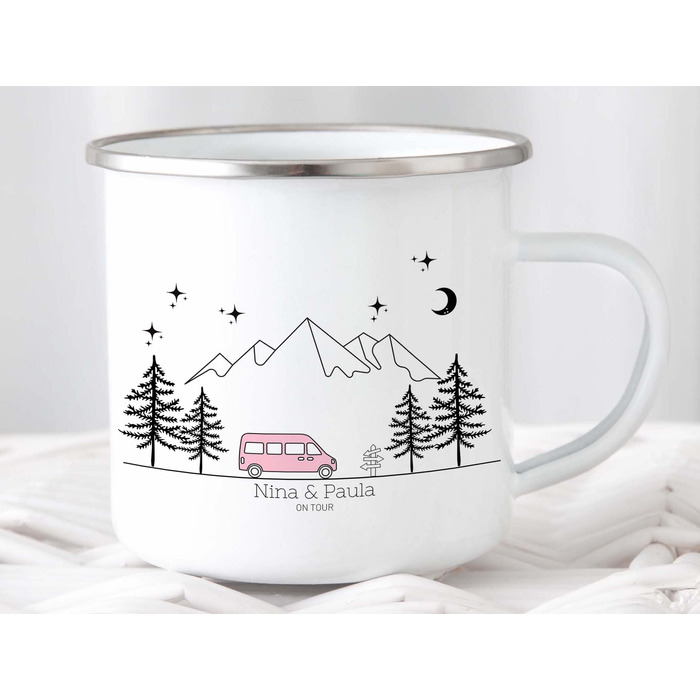 Емальована кружка &quotМаленька Матильда&quot, барвиста персоналізована кемпінгова кружка з іменем для кемпінгу, кавова кружка, аксесуар для каравану, кружка з нержавіючої сталі, подарунок для кемперів (рожевий кемпер)