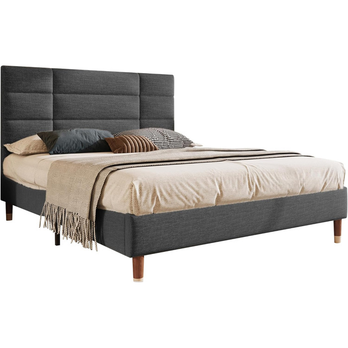 Ліжко Merax з м&39якою оббивкою, двоспальне ліжко з ящиком для зберігання та рейковим каркасом, 140x200 см, каркас ліжка з гео-оббивкою та узголів&39ям, з темно-сірого льону, для дорослих та підлітків, темно-сірий (матрац не входить до комплекту) 140 x 20