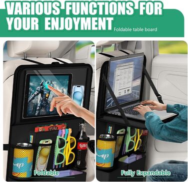 Органайзер на заднє сидіння автомобіля Plzpik з тримачем для планшета, 11 кишень для зберігання зі складним лотком для їжі, захисн