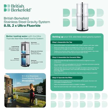 Система фільтрації з нержавіючої сталі British Berkefeld 8,5 л. Фільтр для води з 2 ультрафторованими керамічними картриджами. Сертифікована Doulton NSF, система питної води для подорожей для типових забруднень