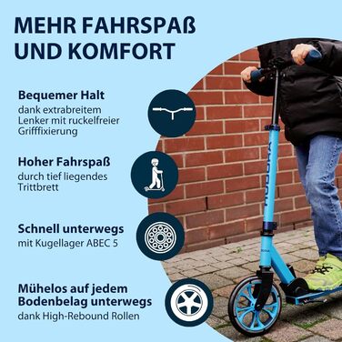 Самокат HUDORA Scooter Up 200 безшумний алюмінієвий самокат до 100 кг, складаний, з регулюванням висоти, для дітей, підлітків та дорослих, чорний/синій