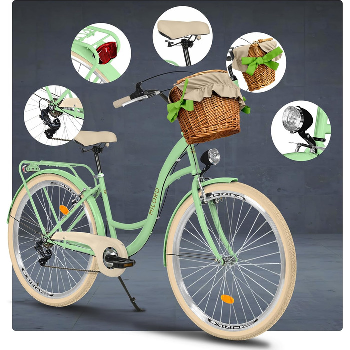 Велосипед Milord Comfort з плетеним кошиком, голландський велосипед, жіночий велосипед, міський велосипед, вінтажний, 26 дюймів, м&39ятно-кремовий, 7 швидкостей, зелений