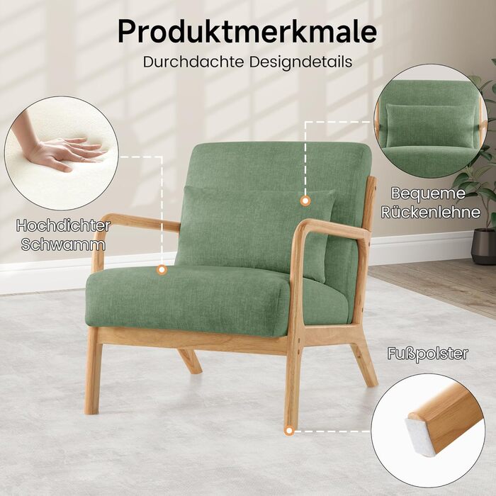 Акцентне крісло з подушкою, сучасне м&39яке крісло для вітальні, крісло для відпочинку з підлокітниками та дерев&39яним каркасом, зручне крісло для читання, зелена тканина, комплект з