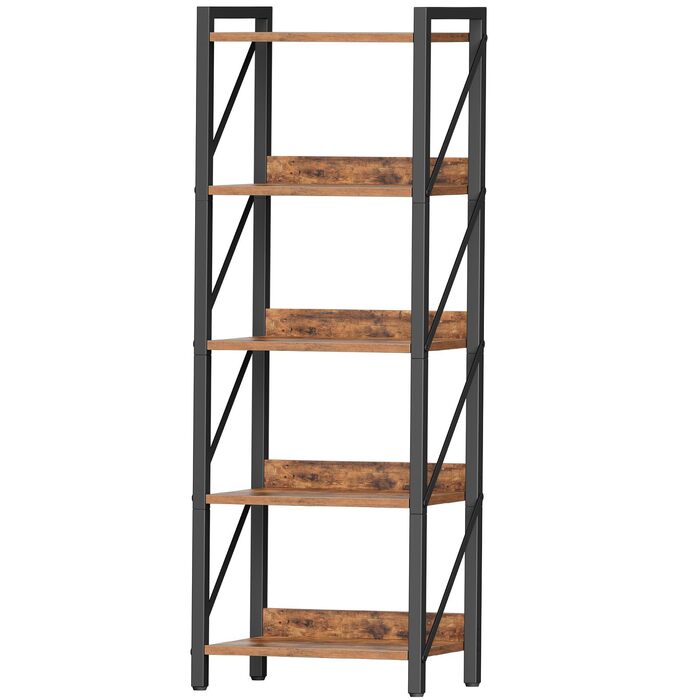 Книжкова полиця HOOBRO, стояча полиця, полиця-драбина, окремостояча вузька полиця, офісна полиця, 5 ярусів, відкриті полиці, для вітальні, спальні, офісу, кухні, рустикальний коричневий та чорний EBF73SJ01 42 x 28 x 132 см Рустикальний коричневий чорний