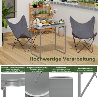 Туристичний стіл, Розкладний стіл для балкону, Бічний столик, Розкладний балконний стіл, Розкладний стіл, Садовий стіл з ручкою, Виготовлений з МДФ та металу, 80x50x70 см, Сірий