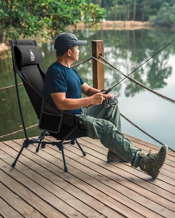 Крісло для кемпінгу OneTigris DRAGONHIDE, висока спинка, складне, вантажопідйомність 125 кг, легке складне кемпінгове крісло, складне рибальське крісло з 2 боковими кишенями, надлегке складне крісло для використання на свіжому повітрі, для походів, чорне