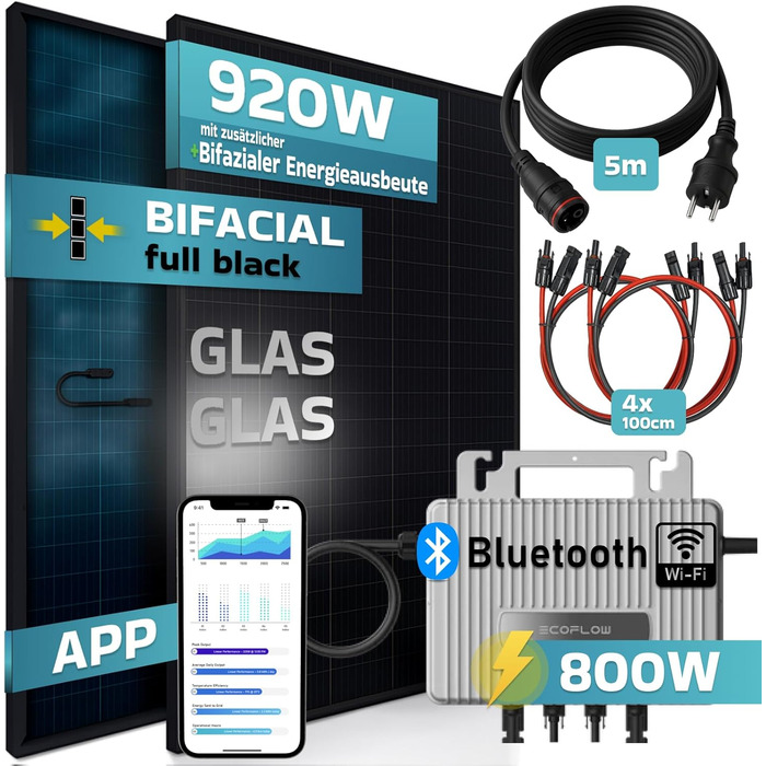 Балконна електростанція SUNNIVA 920 Вт ДВОХФАЗІАЛЬНА, ПОВНОГО ЧОРНОГО кольору, в комплекті з інвертором EcoFlow 800 Вт, повним комплектом фотоелектричної сонячної системи, 2 двосторонніми сонячними модулями типу N зі скловолокна потужністю 460 Вт, кабелем