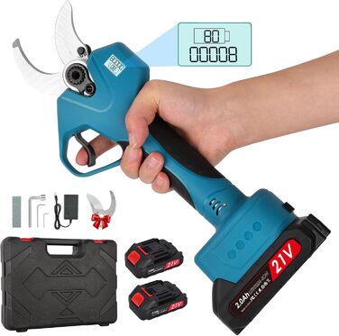 Акумуляторні садові ножиці 40 мм Акумуляторні садові ножиці з дисплеєм, 2000 мАг x2, для садівництва, винограду, фруктових дерев, живоплотів та дерев, сині 40 мм Дисплей