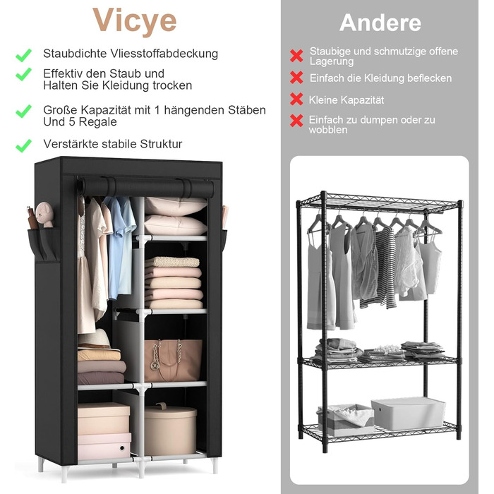 Шафа, тканинна шафа з вішаком для одягу, 6 полицями, 4 боковими кишенями та кришкою, міцна шафа для гардеробної спальні (чорна, 84 x 42 x 162 см)