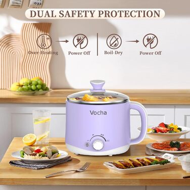 Електрична гаряча каструля Vocha, маленька каструля 1,6 л з функцією підтримки тепла, портативна каструля для швидкого супу, мультиварка для супу/рамену/макаронів/вівсянки/яєць, з подвійною потужністю (фіолетова)