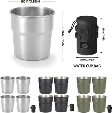Стакани з нержавіючої сталі для подорожей та активного відпочинку, для кави, молока, як запасні, штабельовані, з кришками, для кемпінгу та походів, чорні, 4