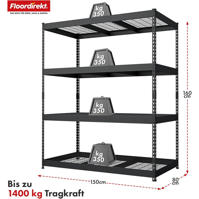Посилений стелаж Floordirekt Yukon Rivet 160 x 150 x 80 см, 4 яруси, чорний Сталевий стелаж з полицями з дротяної сітки Вантажопідйомність 250350 кг на ярус Різні розміри та кольори, чорний, 160 x 150 x 80 см, 4 яруси