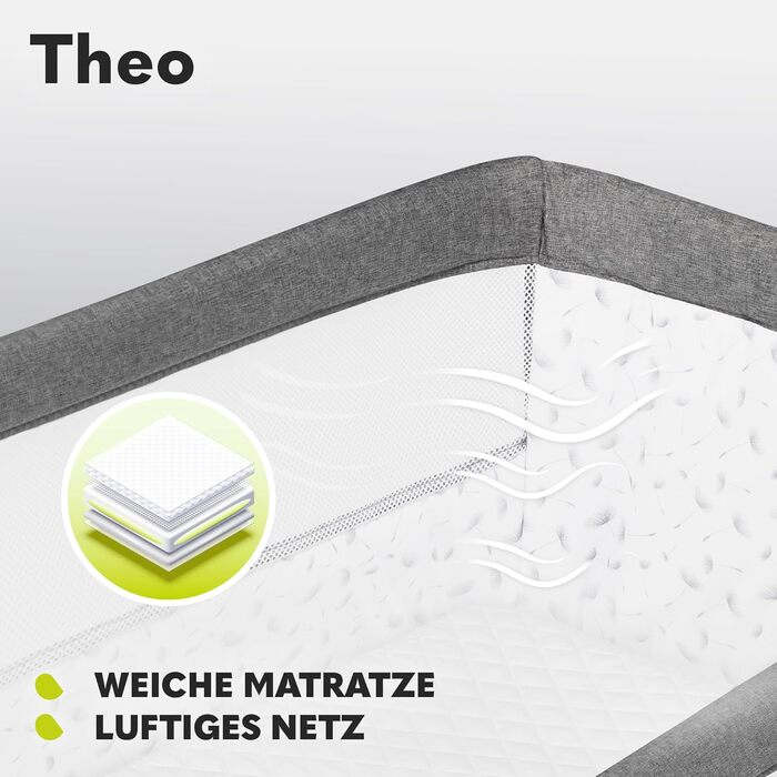Дитяче ліжечко Lionelo Theo 2-в-1, дорожнє ліжечко, приліжкове ліжечко для дітей від народження до 9 кг, регульована висота, регульований кут нахилу, складна бічна панель, матрац, москітна сітка (сірий) сірий (1 упаковка)