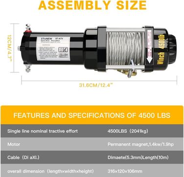 Електрична лебідка STANEW 12 В, що тягне до 4500 фунтів/2041 кг, лебідка для позашляхового двигуна, канатний підйомник, електрична лебідка, сталевий трос 10 м, акумуляторна синтетична лебідка з дистанційним керуванням Розтяг 4500 фунтів