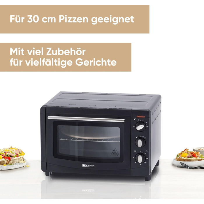 Піч для випічки та підсмажування SEVERIN з функцією конвекції, міні-піч з решіткою для гриля, деко для випічки, гриль і камінь для піци, універсальна конвекційна піч ємністю 20 л, 1 500 Вт, чорний, TO 2068 Ручка зручного дизайну одинарна