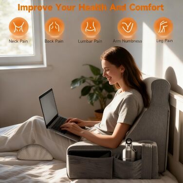 Велика подушка для читання зі знімним потиличним валиком та підлокітником, подушка для спини ліжка, ергономічна подушка для спини з підлокітником, кишеня та чохол, який можна прати, для читання та перегляду телевізора.