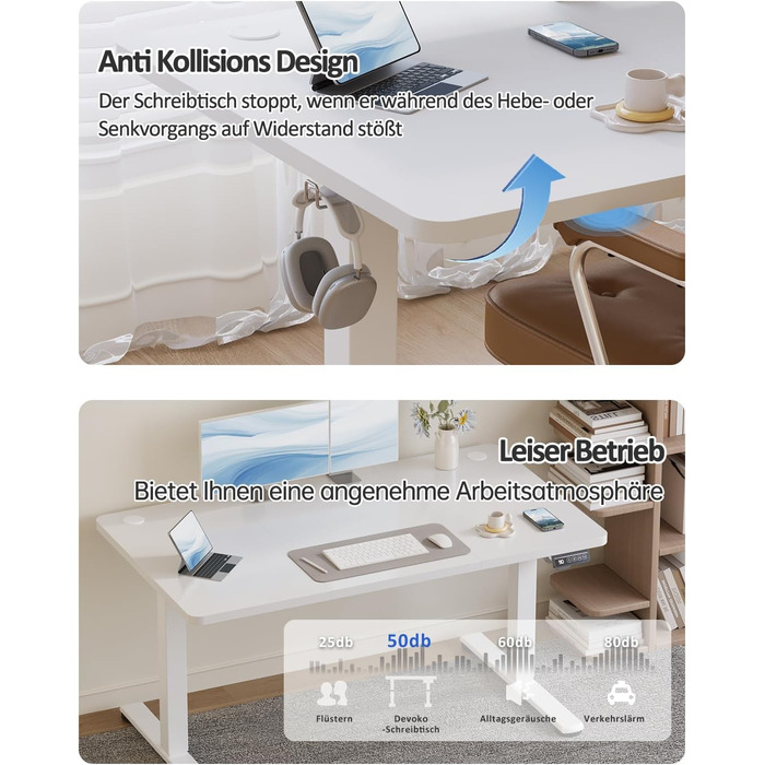 Письмовий стіл Devoko з регульованою висотою, стіл з електричним регулюванням висоти, офісний стіл для роботи сидячи та стоячи, комп&39ютерний стіл з функцією пам&39яті, стіл для роботи стоячи, офісний стіл, 120 x 60 см, білий