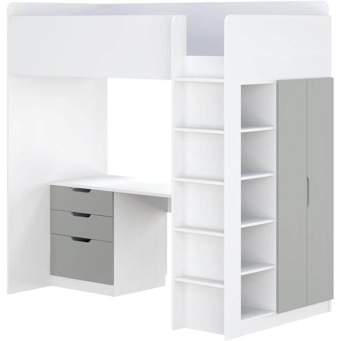 Дитяче ліжко-горище Shefa з письмовим столом - компактне ліжко-горище 5-в-1 для дітей зі сходами, шафою, полицею та робочою зоною - сірого кольору, вантажопідйомність до 90 кг, розміри 206 x 107 см