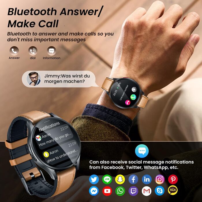 Чоловічий смарт-годинник з ЕКГ HDR монітором артеріального тиску смарт-годинник 1,43 дюйма круглий AMOLED шкіряний ремінець наручний годинник водонепроникний монітор серцевого ритму крокомір функція телефону фітнес-годинник Android iOS коричневий