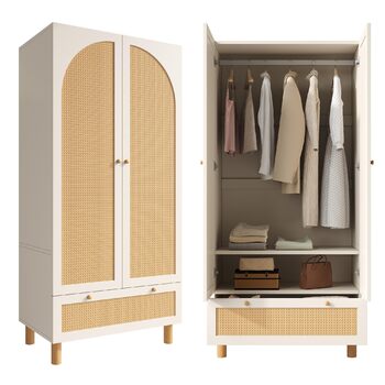 Шафа EMKK з 2 дверима, плетена шафа з ротанга, багатофункціональна шафа в сільському стилі, гардеробна-шафа, з великою шухлядою, біла, 180x85x52 см (В/Ш/Г)