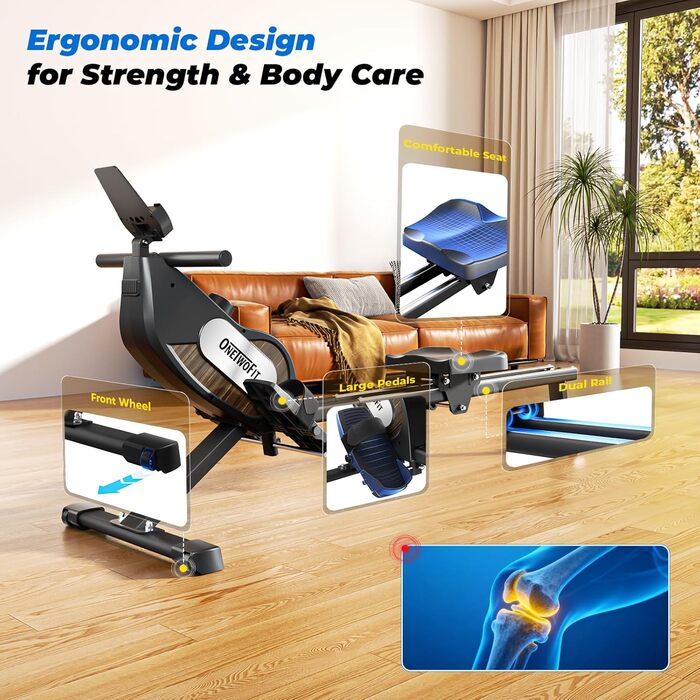 Складаний гребний тренажер ONETWOFIT для домашнього використання, степер для домашнього використання, 16 рівнів безшумного опору, фітнес-обладнання, крос-тренажер вантажопідйомністю 160 кг, сумісний із додатком, чорний