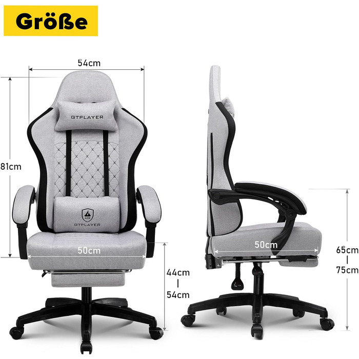 Ігрове крісло GTPLAYER Ергономічне ігрове крісло з тканинною поверхнею, пружинною подушкою сидіння, з&39єднувальними підлокітниками та підставкою для ніг 150 кг, біло-сіре