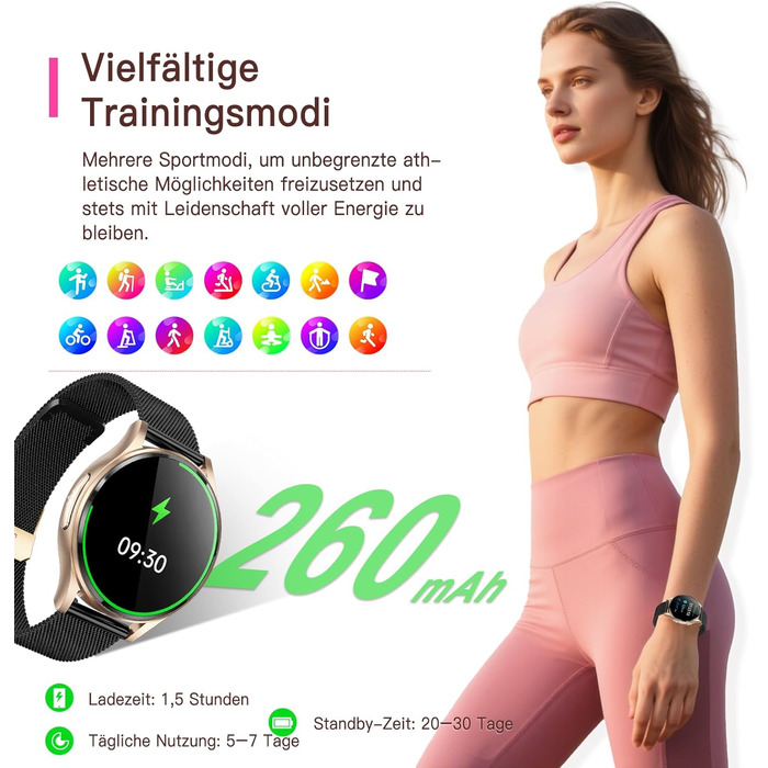 Жіночий смарт-годинник з ЕКГВСР/ІМТ/сечовою кислотою, круглий 1,43-дюймовий AMOLED годинник для здоров&39я з 24-годинним зворотним тиском, монітором сну, фітнес-трекером менструального циклу, сумісний з iOS/Android, чорний міланський ремінець