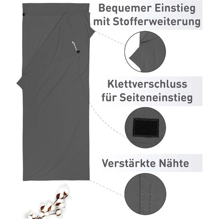 Підкладка для спального мішка Fit-Flip з бавовни або мікрофібри - надлегкий внутрішній спальний мішок - тонкий дорожній спальний мішок - компактний, маленький та шовковисто-м&39який - підкладка для спального мішка з кишенею для подушки, бавовна, темно-сір