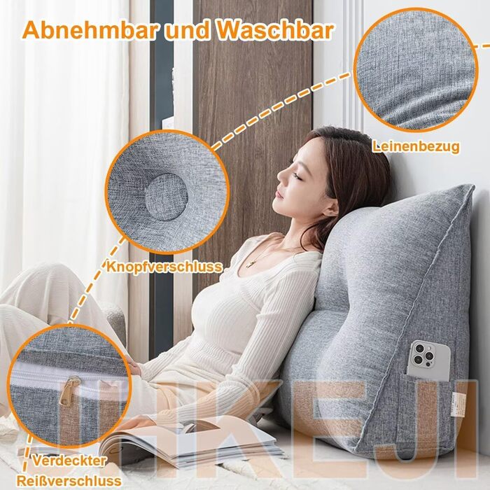 Універсальна затишна подушка для спини, подушка для читання для ліжка та дивана, 80x50x20 см біла клиноподібна подушка, трикутна поперекова подушка зі знімним чохлом, який можна прати, практична бічна кишеня біла 80x50x20 см