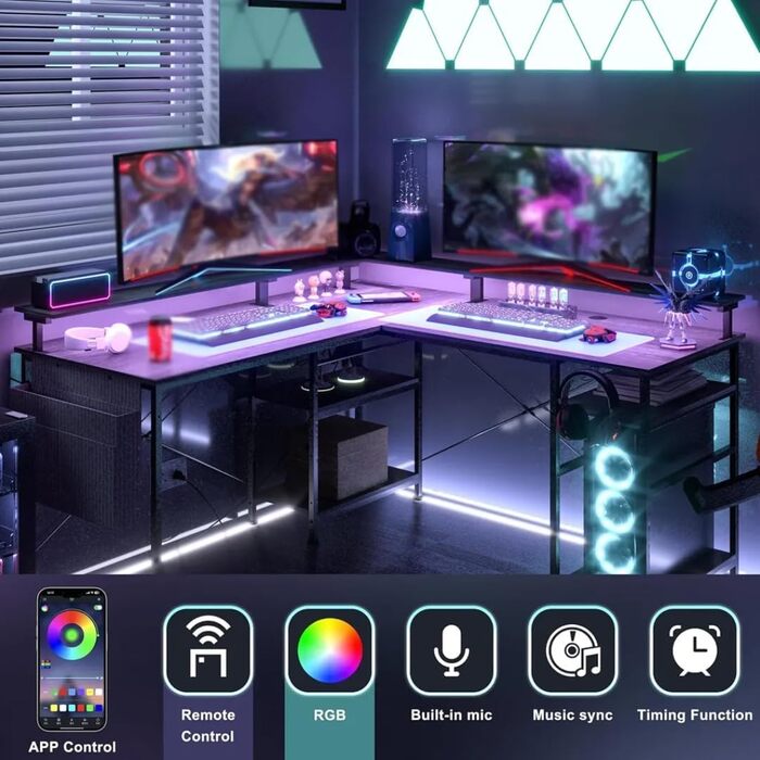 Ігровий стіл зі світлодіодним освітленням та розетками, 140 x 140 см, комп&39ютерний стіл з підставкою для монітора для домашнього офісу, спальні, вітальні, сірий, 140 x 140 x 85 см