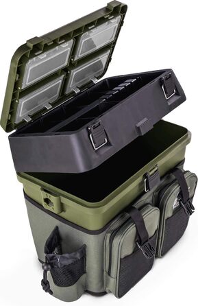Скринька для рибальських снастей, рибальська сумка, м&39яка скринька для сидіння з функцією сидіння, скринька для снастей з функцією рюкзака та прикріпленими кишенями - включаючи 4 скриньки для рибальських аксесуарів, колір темно-зелений