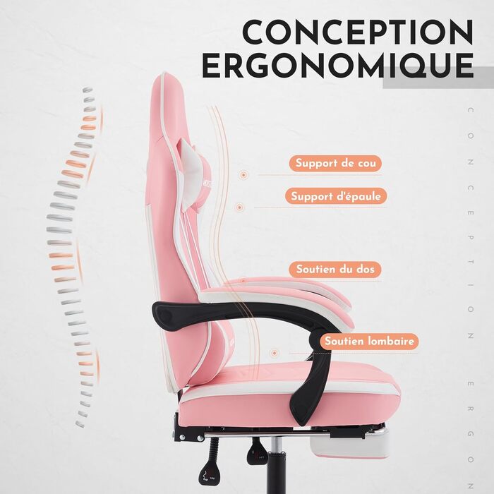Ігрове крісло, Ігрове крісло, Ергономічне ігрове крісло з підставкою для ніг, Ергономічне офісне крісло з поперековою опорою, Регульована спинка 90-135, Рожевий/Білий