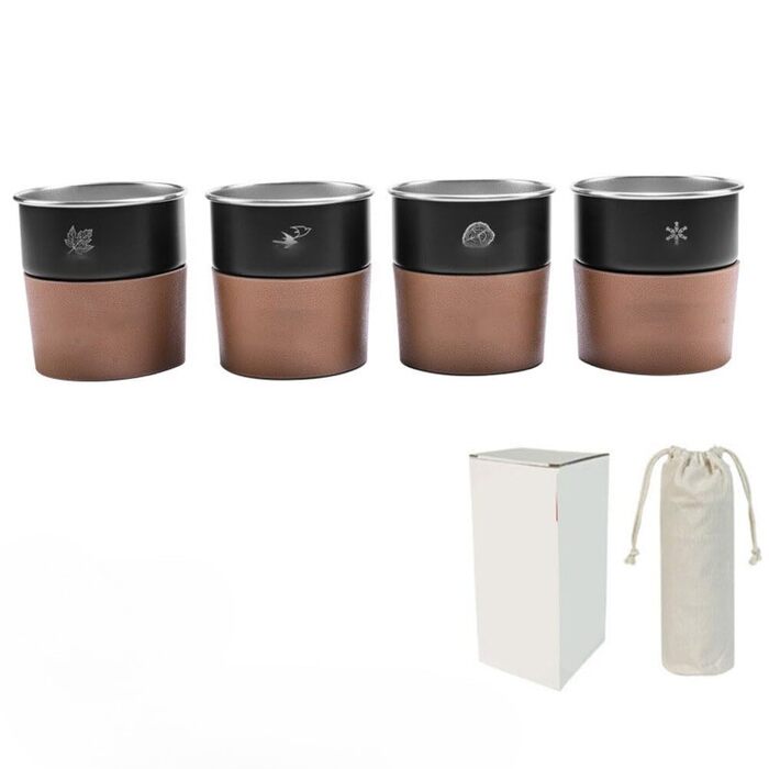 Набір з 4 чашок з нержавіючої сталі об&39ємом 300 мл з тримачем зі штучної шкіри, для кемпінгу, активного відпочинку та подорожей, зелений, кремово-білий, чорний, темно-синій