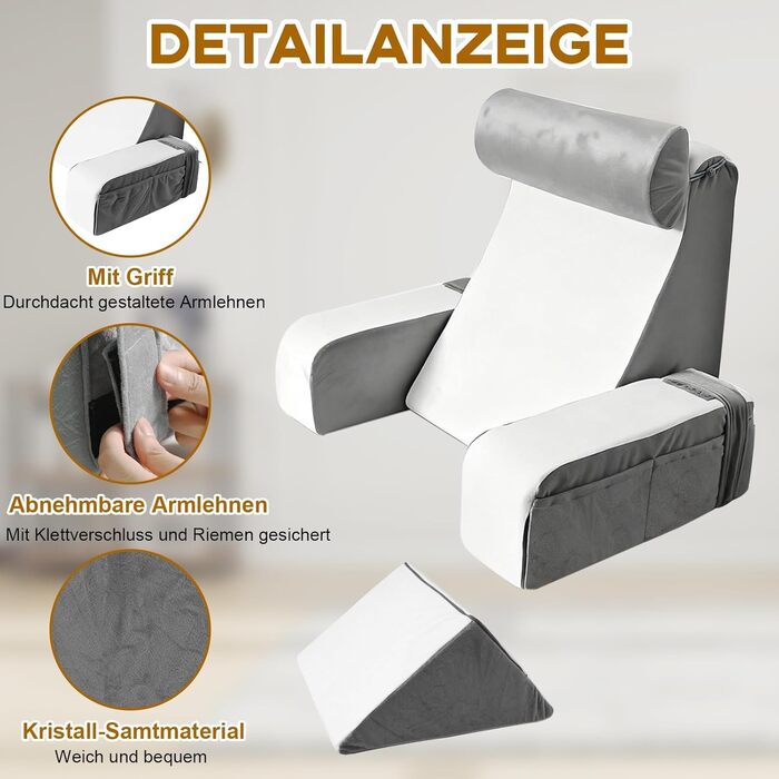 Подушка для читання зі знімним потиличним валиком та підлокітником, зручна та легка спинка для ліжка та дивана, спинка для дорослих, спинка з піни з ефектом пам&39яті для читання, перегляду телевізора та відеоігор