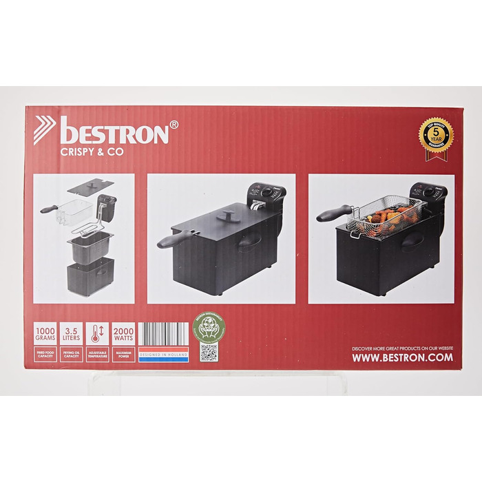 Масляна фритюрниця Bestron з технологією холодної зони, фритюрниця об'ємом 3,5 літра, плавно регульований регулятор температури до 190C, частково можна мити в посудомийній машині, 2000 Вт, колір Black Black Single