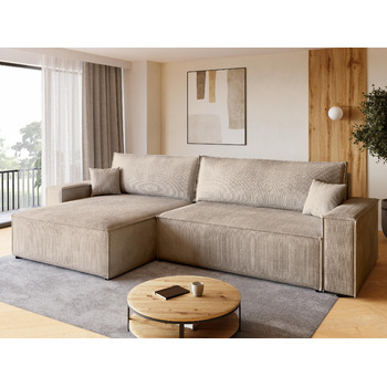 Диван з функцією сну, Диван з вельветової тканини, Короб для ліжка, Розкладний диван для вітальні, Кутовий диван, Окремостоячий, Adi XL Relax Sofa, 3-місний, 272x143x85 см, Бежевий, Дуже великий