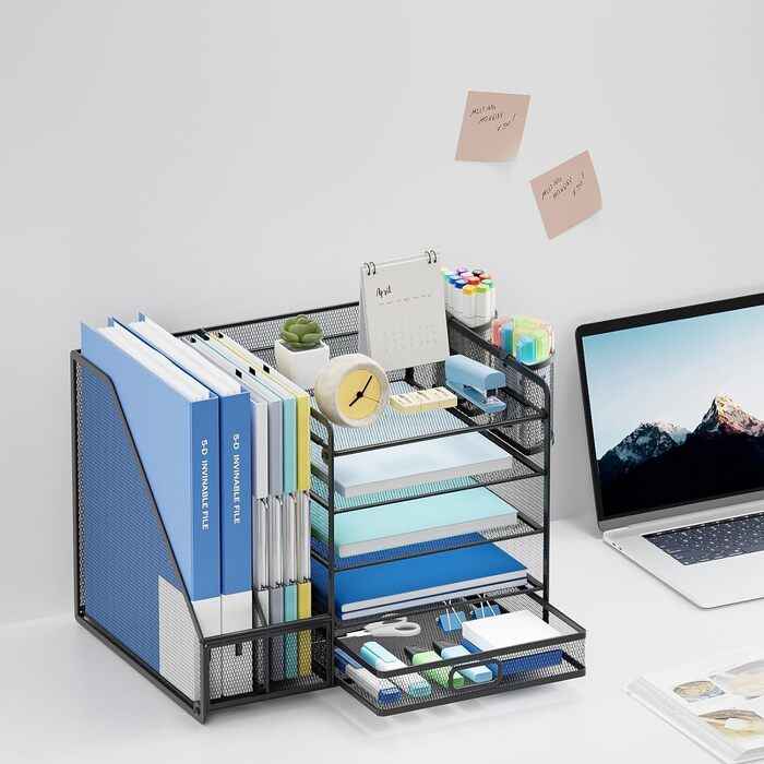 Сітчастий настільний органайзер з вертикальним тримачем для файлів, 5-ярусним лотком для паперу з висувною шухлядою та 2 тримачами для ручок, настільний органайзер з тримачем для журналів для офісного приладдя Black1